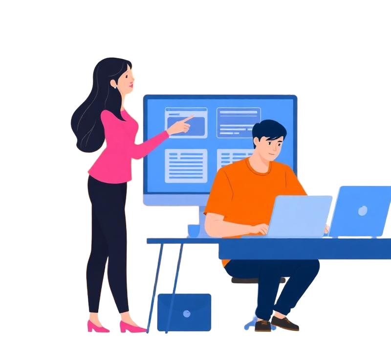 Two professionals collaborating at a computer